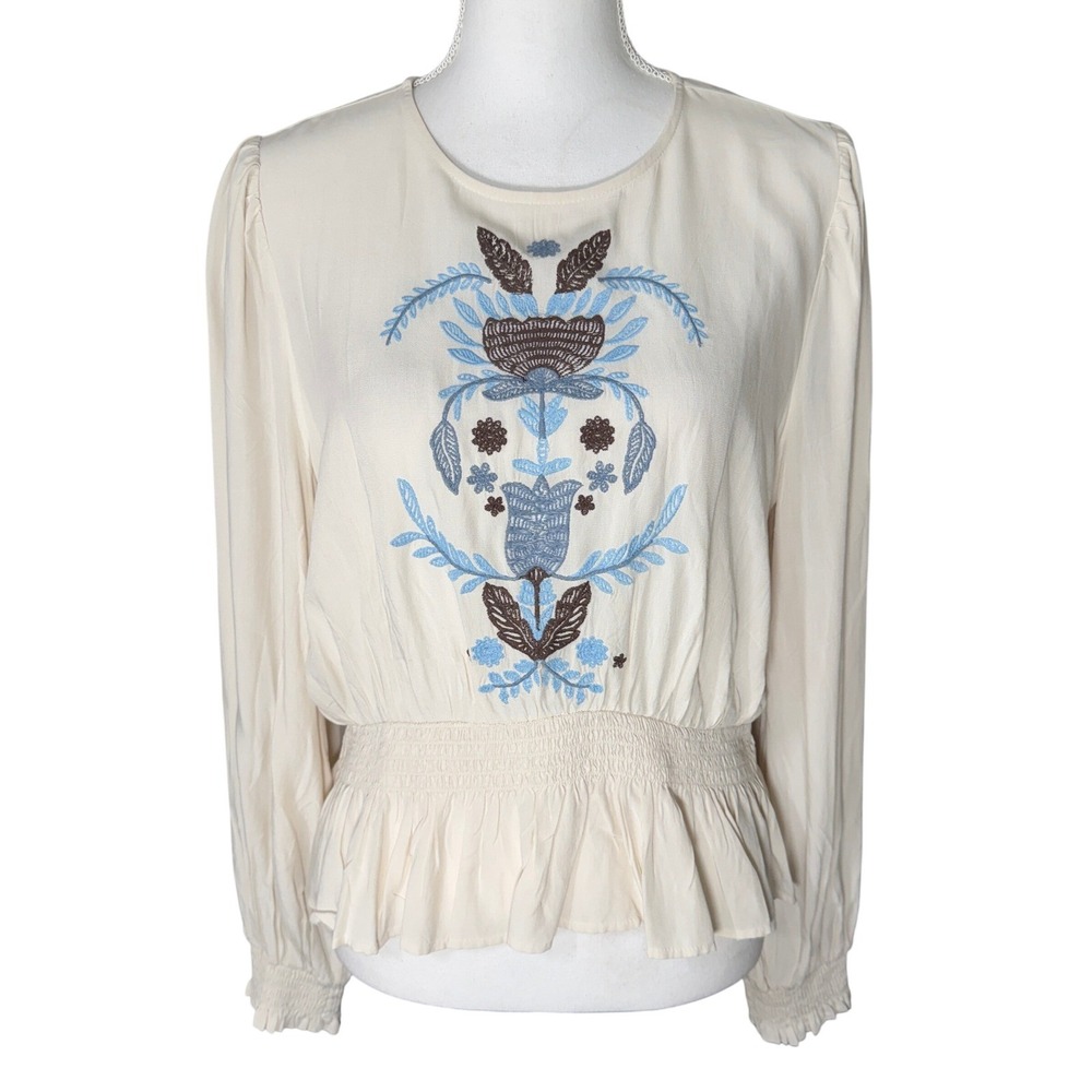 LOFT Women's Embroidered Smocked Peplum Blouse Cream Blue Floral Medium Boho NWT